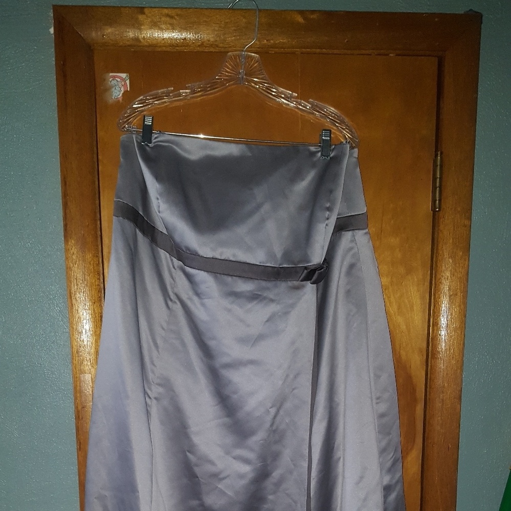 Full length silver satin gown from David's Bridal